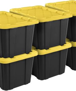 6-Pack 27-Gallon Industrial Totes - Rugged Black & Yellow Plastic Storage Bins with Secure Snap-On Lids. Stackable Design for Garage. Warehouse or Workshop Organization