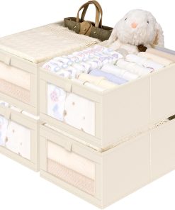 Criusia Closet Organizers and Storage. 4 Pack Linen Closet Baskets with Mesh Window for Organization. Foldable Closet Organizer for Clothing. Towels. Toys. Nursery. Books. Shelves. Beige