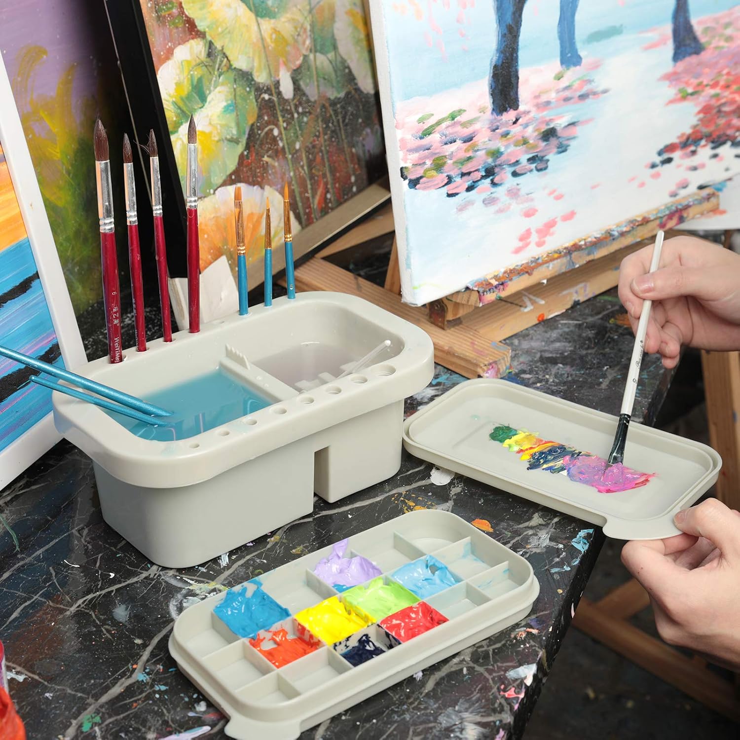 MyLifeUNIT Paint Brush Cleaner. Paint Brush Holder and Organizers with Palette for Acrylic. Watercolor. and Water-Based Paints (Grey) - Image 7
